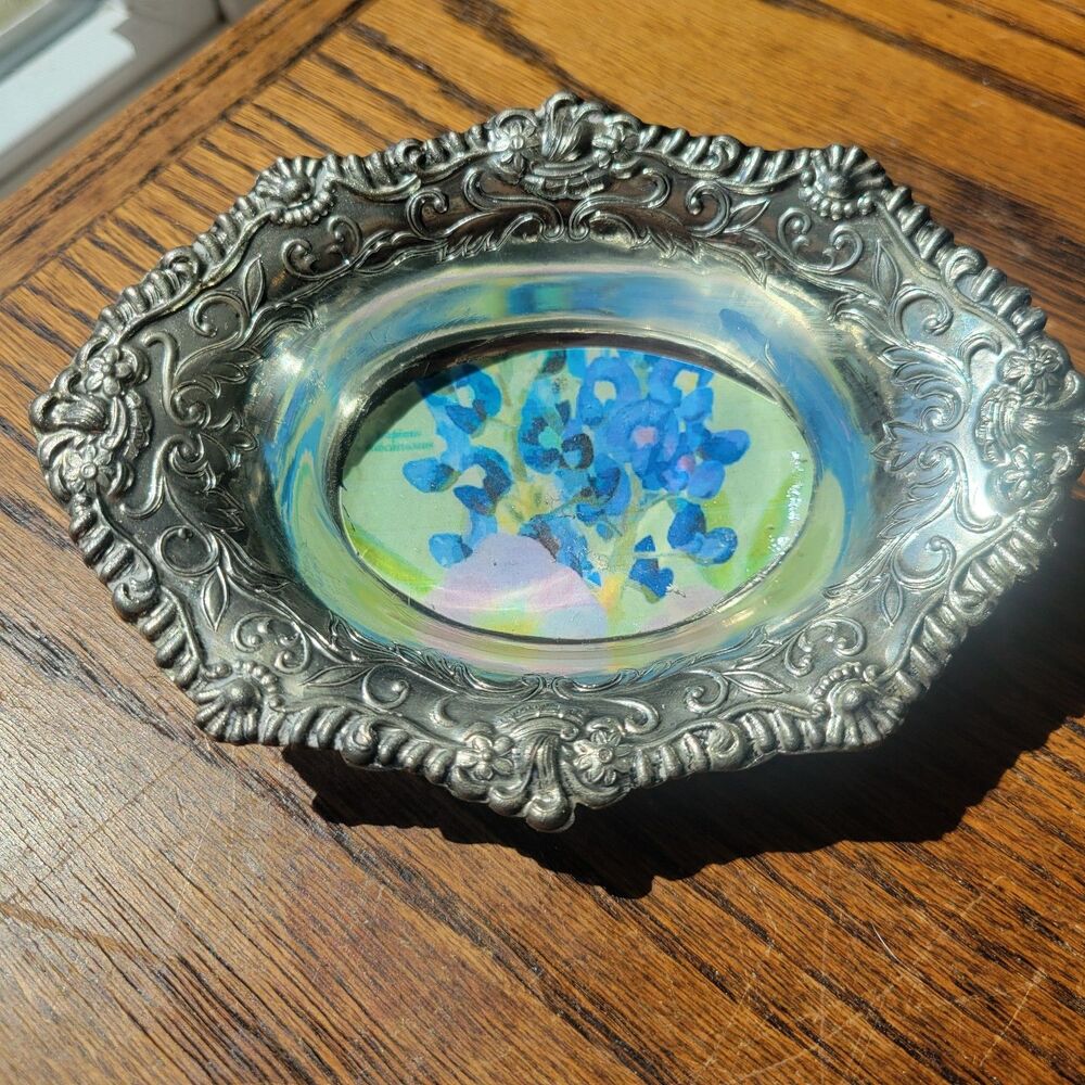 Vtg Ornate Silver Plate Tray with Bluebonnet decoupage inside Trinket Tray soap